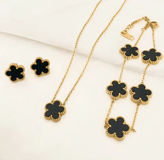 Black Clover Jewelry Set &#8211; Necklace, Bracelet, Earrings _ Gold-Plated with Black Enamel